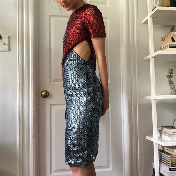Marco De Vincenzo *CUSTOM DESIGNER* RUNWAY Red Blue Metallic Midi Cocktail Dress - Picture 12 of 16